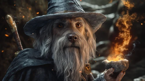 Whimsical Wizard Canine with Magical Flame