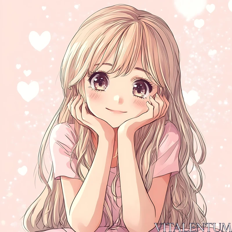 Sweet Anime Girl in Pink Pastel Background AI Image