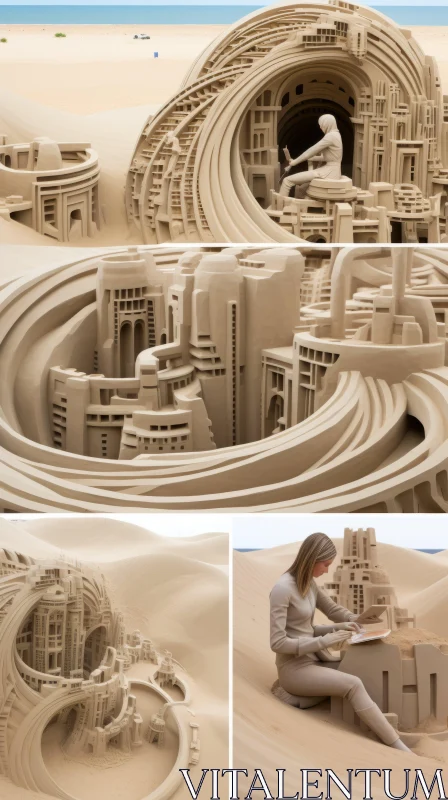 Futuristic Cityscape Sand Sculptures in High Detail AI Image