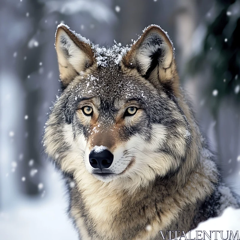 Snowy Wolf Close-Up in Winter AI Image