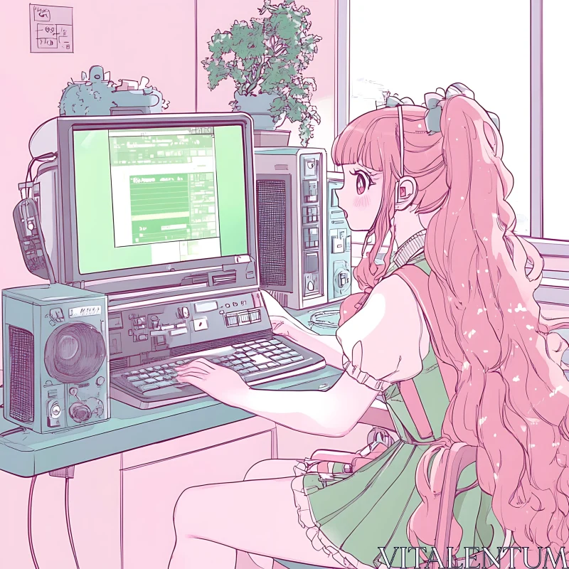 Manga Art: Girl at Vintage Computer Desk AI Image