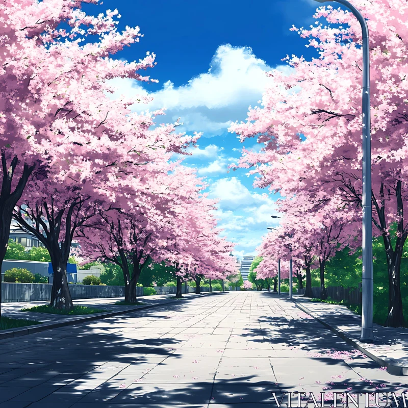 Cherry Blossom Street in Spring AI Image