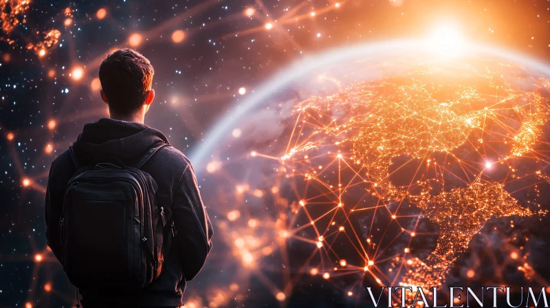 Global Network: Man Contemplates Earth's Connectivity AI Image