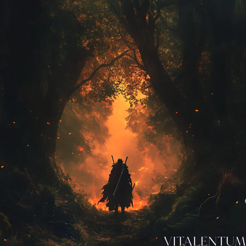 AI ART Silhouette of Warrior in Glowing Forest