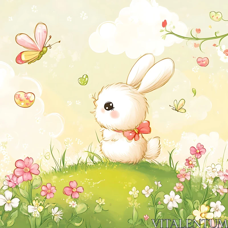 Whimsical Bunny with Butterflies and Flowers AI Image