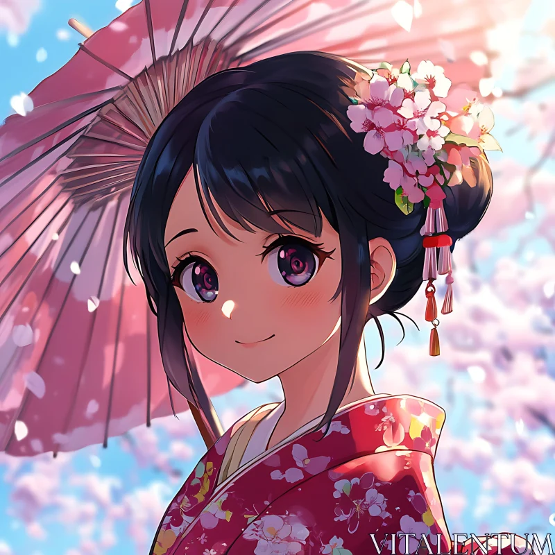 Anime Girl with Parasol and Cherry Blossoms AI Image