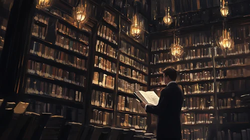 Reader in a Classic Library Setting