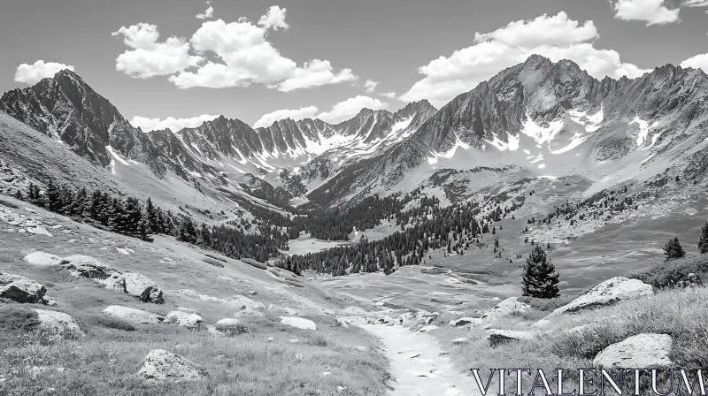 Black and White Mountainous Vista AI Image