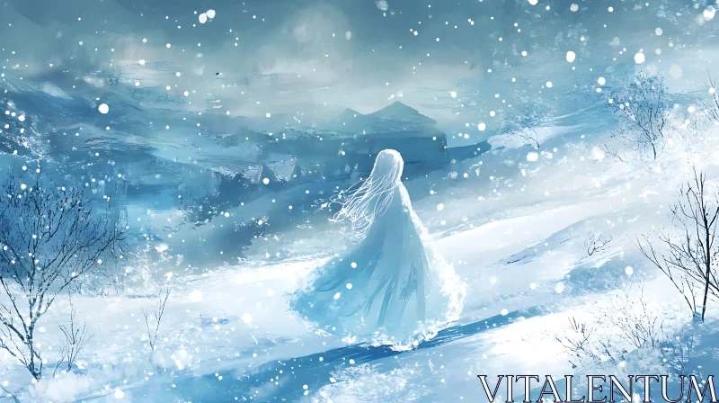 Surreal Painting of Winter Scene with Woman AI Image