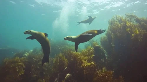 Underwater Sea Lions Swimming