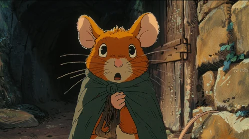 Animated Mouse in Green Cloak at Tunnel Entrance