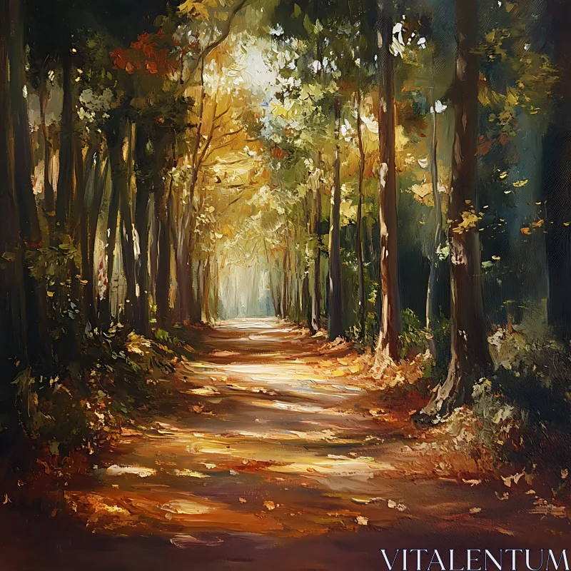 Sunlit Forest Path in Autumn AI Image