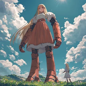 Mechanical Anime Giant Overlooking a Verdant Field