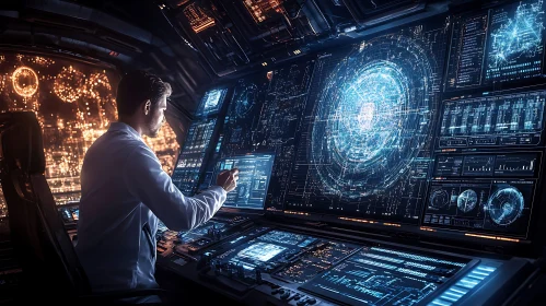 Man Interacting with Futuristic Data Interface