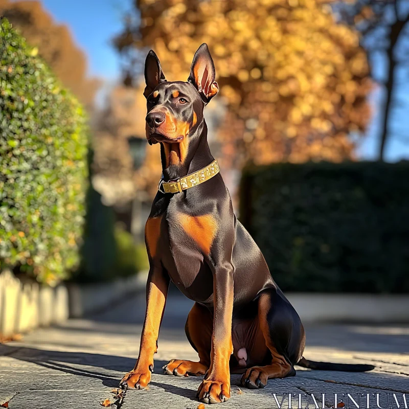 Elegant Doberman Pinscher in an Autumn Setting AI Image