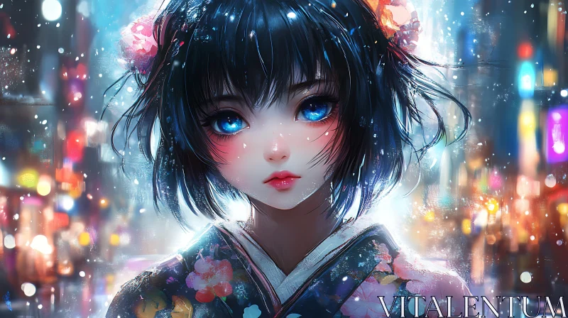 Beautiful Anime Girl with Striking Blue Eyes and Floral Kimono AI Image