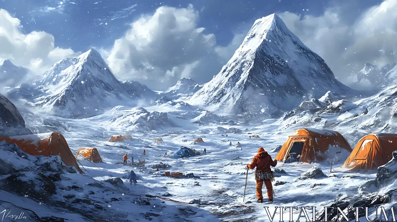 Mountain Base Camp Under Snowy Peaks AI Image