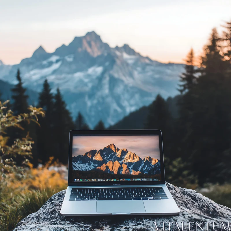 AI ART Technology Meets Nature: Laptop in Mountains