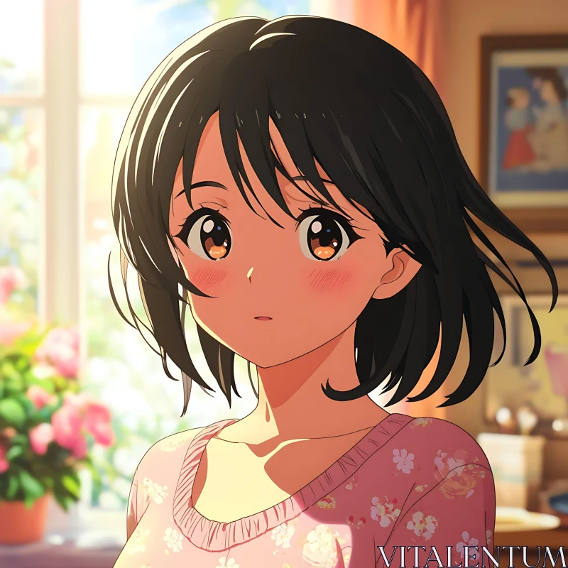 Blushing Anime Girl Indoors AI Image