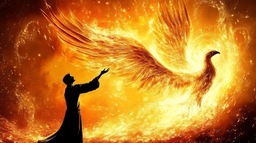 Man and Phoenix in Fiery Embrace