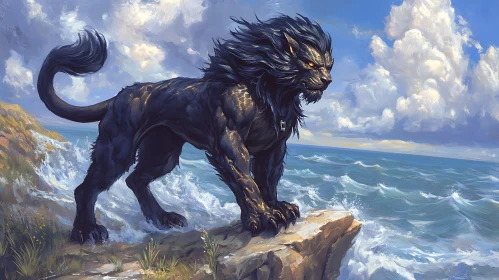 Dark Lion on Coastal Cliff