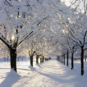Snowy Trees Path in Winter Sunlight