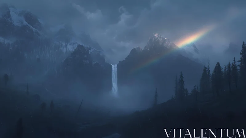 Rainbow Over Mountain Waterfall Scenery AI Image