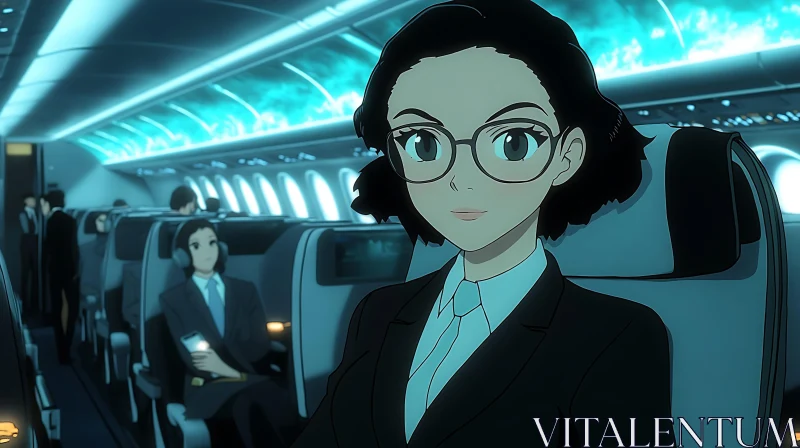 Businesswoman Traveling in Airplane - Anime Art AI Image