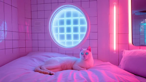 Neon-Lit Bedroom with Resting White Cat