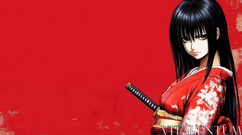 Samurai Girl with Red Eyes in Anime Art AI Image