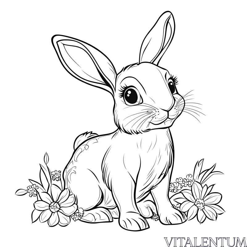 Monochrome Rabbit and Floral Illustration AI Image