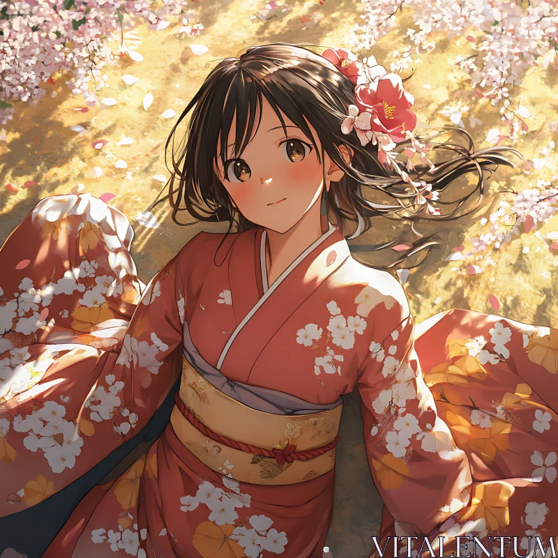 Japanese Anime Girl in Kimono with Cherry Blossoms AI Image