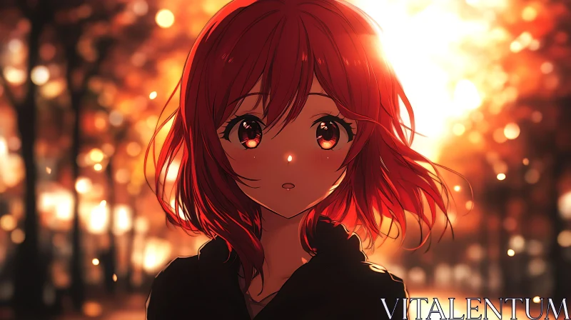 Autumn Sunset with Anime Girl AI Image