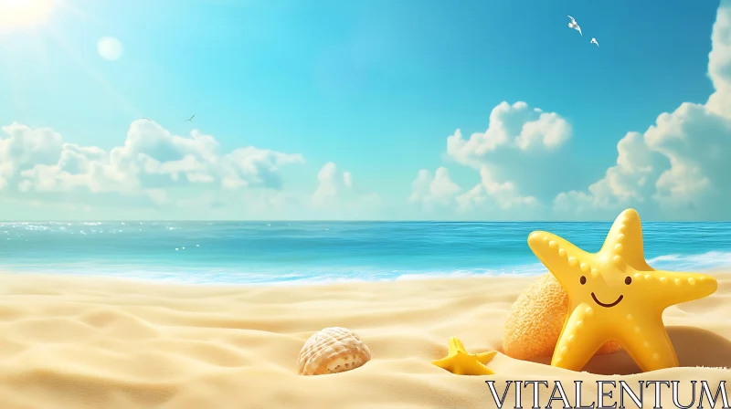 AI ART Sunny Beach with Starfish and Seashells