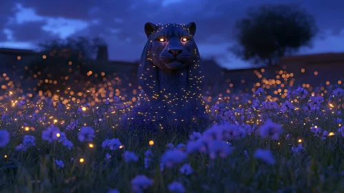 Glowing Panther Statue in Flower Field