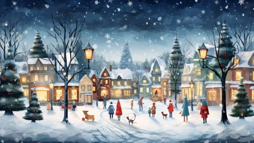 Winter Holiday Scene with Snow-Covered Christmas Village