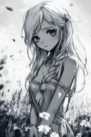 Melancholic Anime Girl in Floral Dress