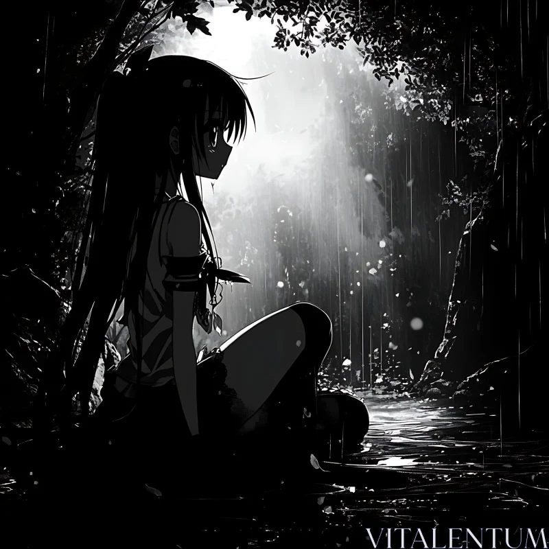 Contemplative Anime Girl in Rainy Forest AI Image