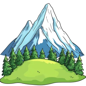 Cartoon Mountain Scene with Trees and Hills