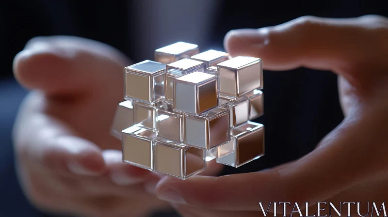 Reflective Cube Structure in Gentle Hands AI Image