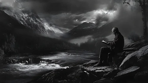 Contemplative Reader by Mountain River