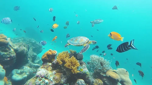 Underwater scene with sea turtle