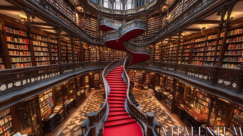 Majestic Library Interior with Red Spiral Staircase AI Image