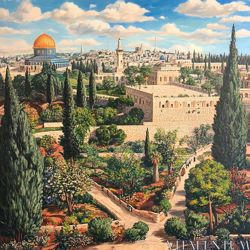 AI ART Scenic Jerusalem View with Gardens and Architecture