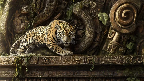 Wild Jaguar on Old Ruins