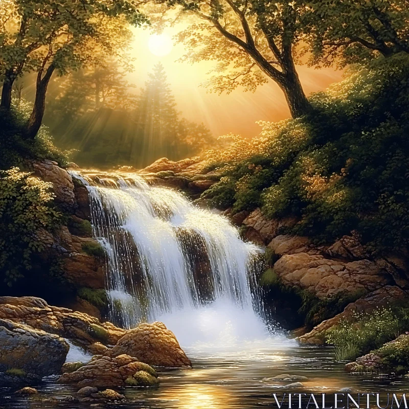 Sunlit Cascade in Verdant Woods AI Image