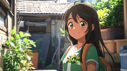 Anime Girl Enjoying the Sun in Quaint Backyard