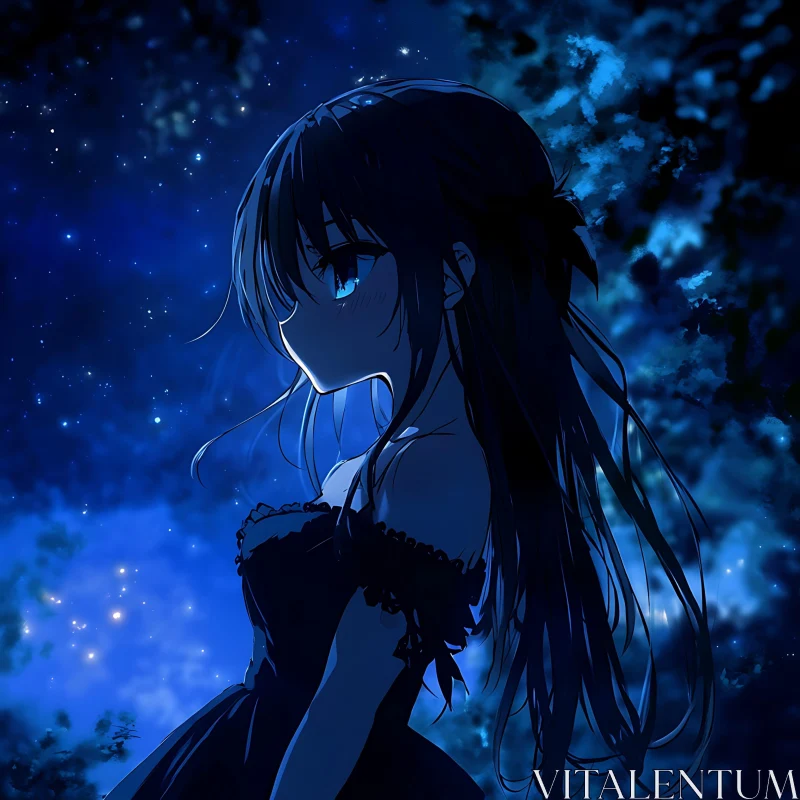 Serene Anime Girl in Nighttime AI Image