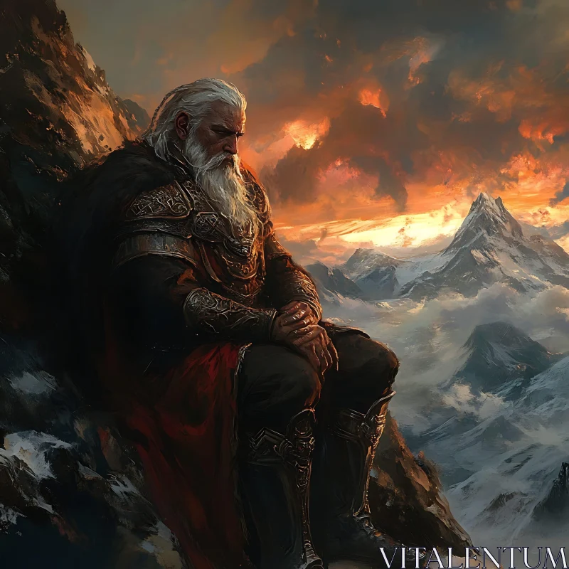 Warrior Contemplation at Mountain Sunset AI Image