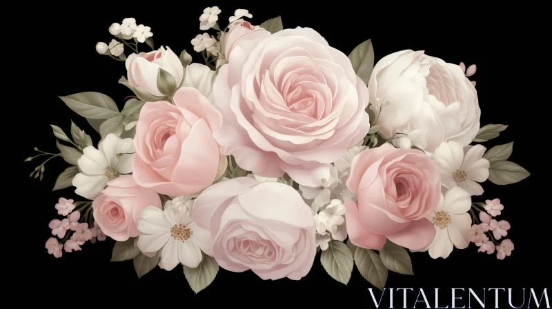 Detailed Floral Artwork: Pink Roses and White Flowers Against Black AI Image